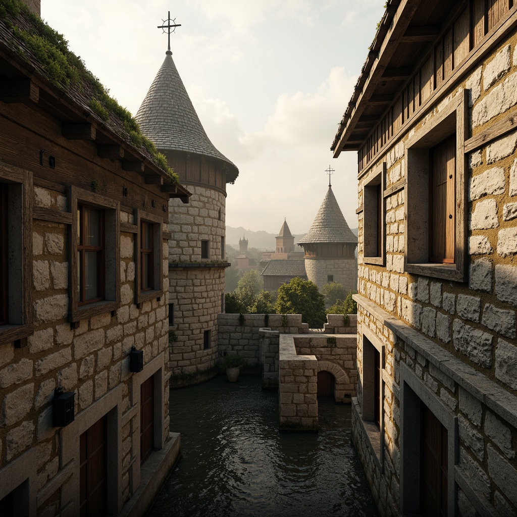 Prompt: Rustic stone towers, worn wooden battlements, rugged granite walls, narrow slits for archers, creaky wooden doors, iron hinges, ornate metal handles, moss-covered roofs, weathered flags, medieval-inspired architecture, fortified structures, elevated viewpoints, panoramic vistas, misty dawn lighting, warm golden hour, 1/1 composition, symmetrical framing, high contrast, dramatic shadows.