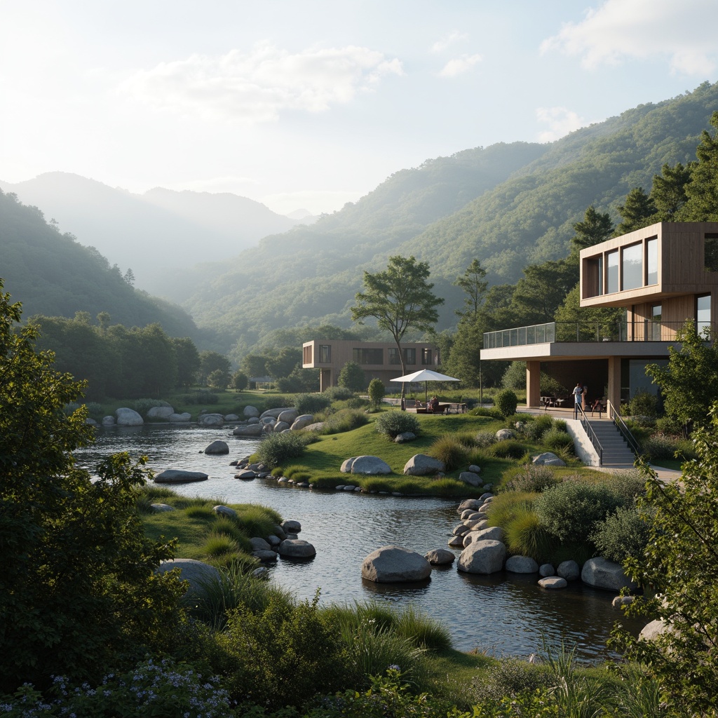 Prompt: Harmonious landscape integration, rolling hills, lush greenery, serene water features, modern architecture, sleek lines, minimalist design, large windows, glass facades, natural stone walls, wood accents, cantilevered roofs, elevated walkways, subtle lighting, misty morning atmosphere, shallow depth of field, 3/4 composition, panoramic view, realistic textures, ambient occlusion.