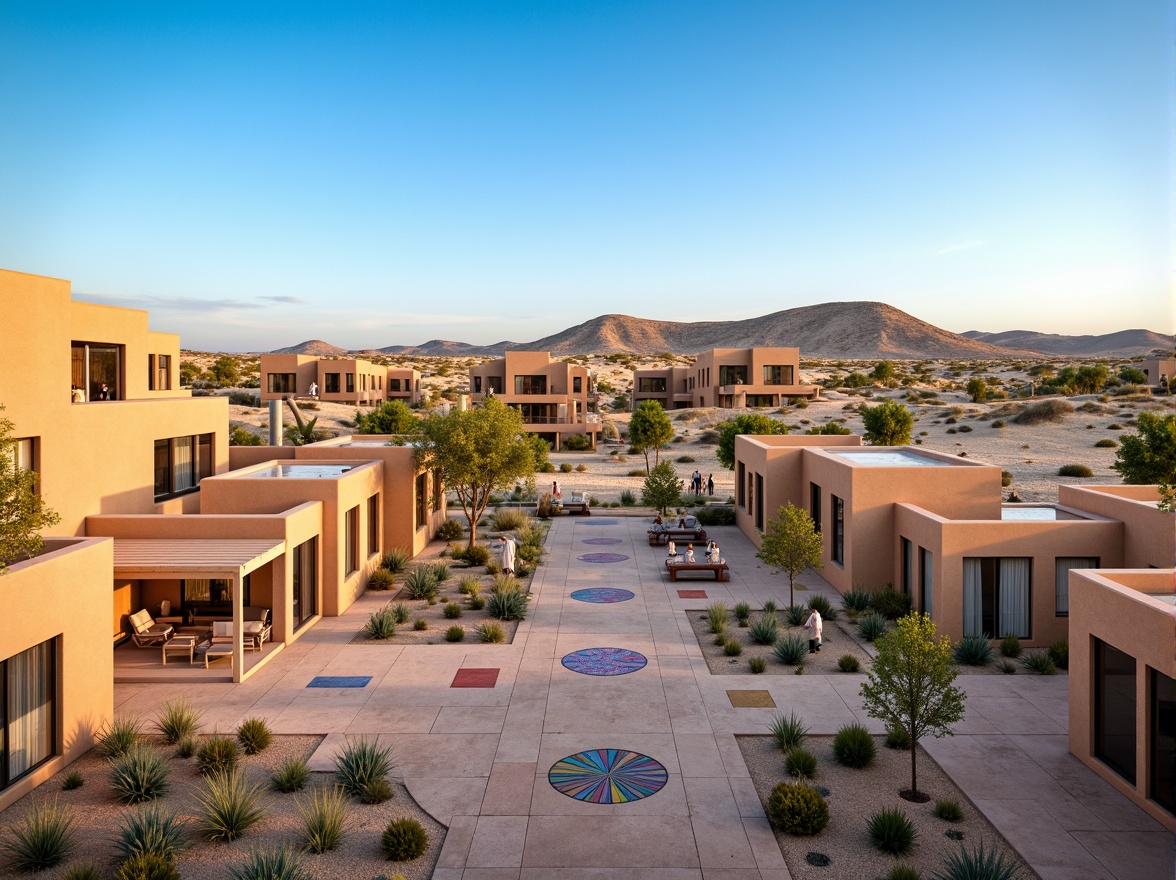 Prompt: Desert landscape, sandy dunes, cactus plants, hot sunny day, clear blue sky, vast open space, social housing complex, modern adobe architecture, earthy tone buildings, curved lines, minimalist design, xeriscaping, drought-resistant plants, succulent gardens, outdoor seating areas, shaded walkways, misting systems, colorful tile work, geometric patterns, community gathering spaces, vibrant street art, warm evening lighting, shallow depth of field, 3/4 composition, panoramic view.