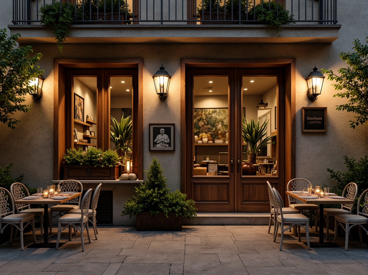 Prompt: Rustic wooden facade, vintage metal lanterns, distressed stone walls, lush greenery, overflowing flower boxes, soft warm lighting, cozy outdoor seating, candlelit tables, classic French doors, ornate metal railings, delicate filigree details, earthy color palette, warm beige tones, soft golden lighting, shallow depth of field, 1/1 composition, intimate atmosphere, realistic textures, ambient occlusion.