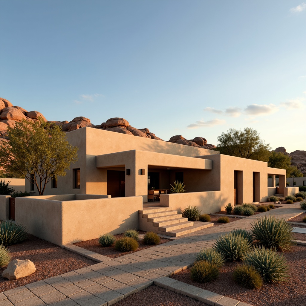 Prompt: Earth-toned adobe architecture, sandy beige walls, rust-colored accents, turquoise decorative tiles, vibrant orange sunsets, clear blue skies, warm golden lighting, soft shadows, natural rock formations, cactus silhouettes, minimalist modern design, sleek metal details, reflective glass surfaces, arid landscape surroundings, hot desert climate, water-efficient systems, eco-friendly building materials, intricate Moorish patterns, colorful textiles, abstract geometric motifs.