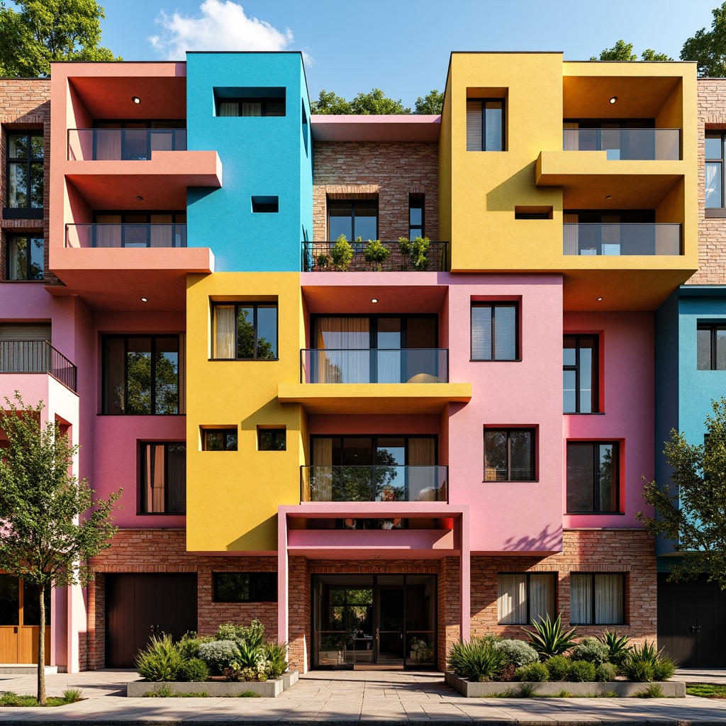 Prompt: Vibrant school facade, expressive bold colors, irregular shapes, dynamic lines, abstract patterns, textured walls, exposed brickwork, cantilevered balconies, irregularly shaped windows, playful geometric forms, whimsical ornamental details, dramatic shadows, warm afternoon light, shallow depth of field, 1/1 composition, realistic textures, ambient occlusion.