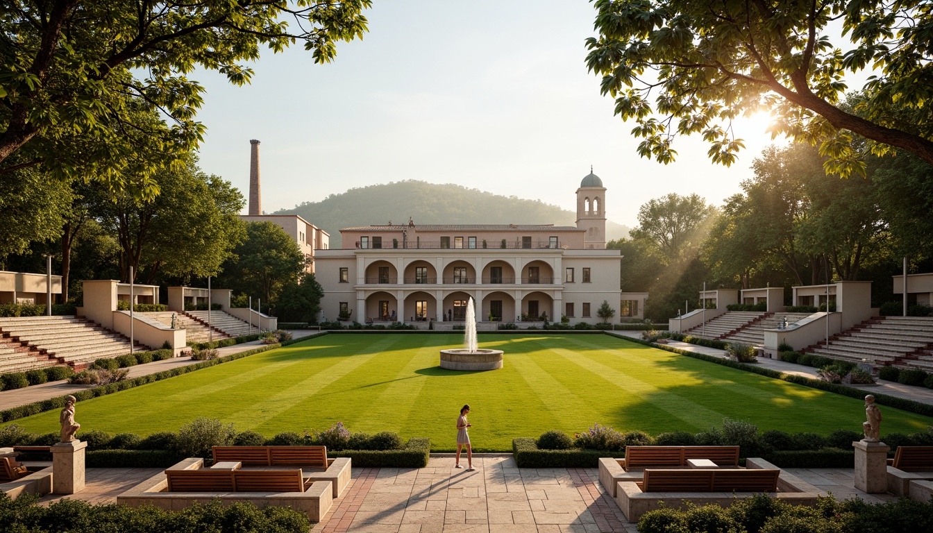 Prompt: Symmetrical sports field, lush green grass, Renaissance-era architecture, ornate stone fountains, classical sculptures, grandstand seating, rustic wooden benches, vintage athletic equipment, worn brick walkways, Italian-inspired landscaping, majestic trees, sunny afternoon, warm golden lighting, atmospheric perspective, 2/3 composition, dramatic shadows, realistic textures.