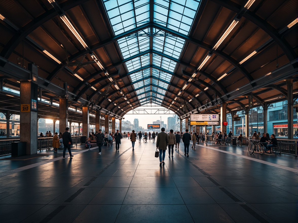 Prompt: Modern train station, industrial metal beams, sleek glass roofs, LED light strips, neon signage, urban cityscape, bustling commuters, morning rush hour, soft natural lighting, warm ambient glow, overhead fluorescent lights, platform benches, steel columns, dynamic angular architecture, high ceilings, grand entrance halls, dramatic spotlights, futuristic tunnel vision, blurred motion effects, shallow depth of field, 1/1 composition, realistic reflections.