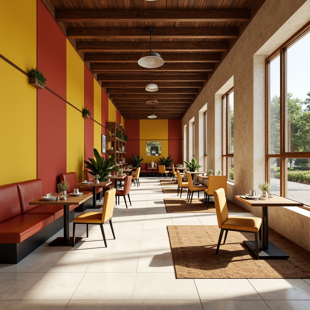 Prompt: Vibrant Bauhaus dining halls, warm beige walls, rich walnut wood accents, bold primary colors, geometric patterns, industrial metal chairs, minimalist tables, functional lighting fixtures, creamy white ceramic tiles, earthy tone rugs, natural stone floors, large windows, abundant daylight, soft diffused light, 1/1 composition, realistic textures, ambient occlusion.