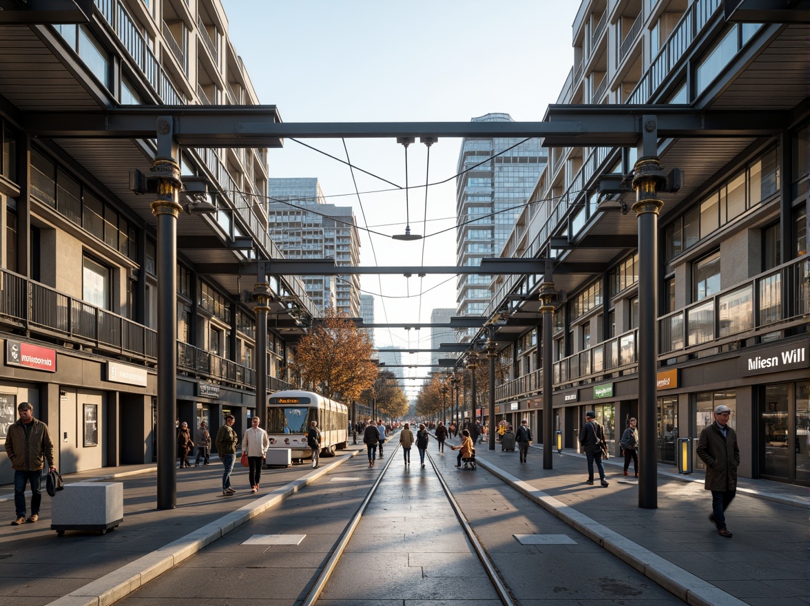 Prompt: Efficient tram station, modern minimalist design, sleek metal framework, glass roofs, natural lighting, open spaces, intuitive signage, clear pedestrian flow, accessible platforms, comfortable waiting areas, real-time information displays, automated ticketing systems, eco-friendly materials, urban cityscape, busy streets, morning commute, soft warm lighting, shallow depth of field, 1/2 composition, realistic textures, ambient occlusion.