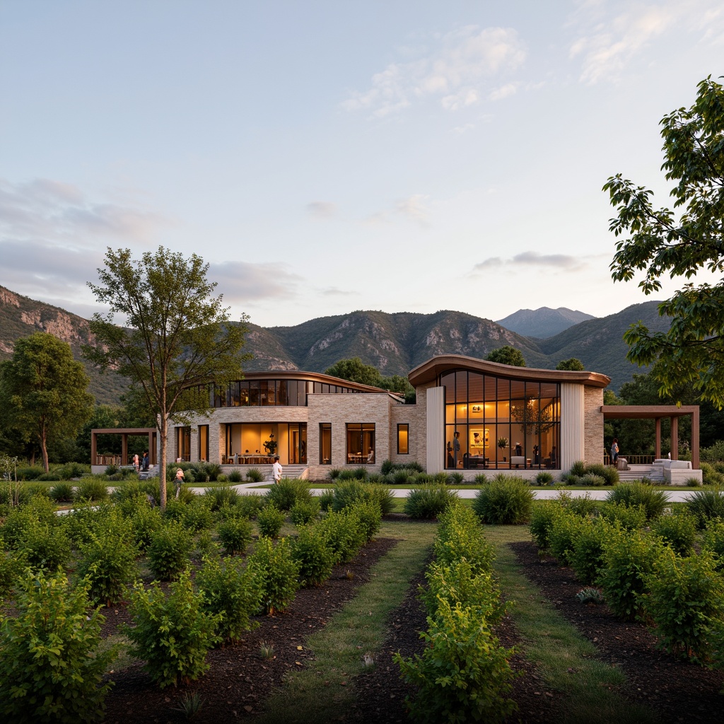 Prompt: Rustic winery building, wooden accents, earthy tones, vineyard surroundings, rolling hills, lush greenery, modern innovative facade design, glass walls, steel frames, minimalist aesthetic, natural stone cladding, curved lines, asymmetrical composition, warm ambient lighting, soft focus effect, 1/1 ratio composition, shallow depth of field, realistic textures, ambient occlusion.