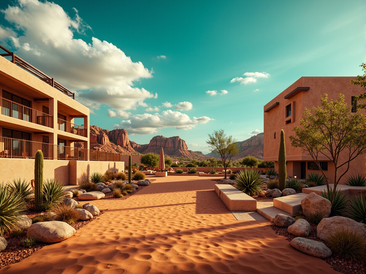 Prompt: Vibrant desert landscape, warm sandy dunes, cactus plants, bright turquoise sky, rusty red rock formations, earthy terracotta buildings, weathered wooden accents, metallic silver trim, deep charcoal shadows, soft beige stucco, warm golden lighting, dramatic cloud formations, cinematic atmosphere, high contrast ratio, 1/2 composition, symmetrical framing, realistic textures, ambient occlusion.