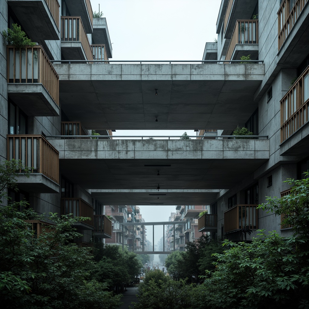 Prompt: Rugged pedestrian bridge, brutalist architecture, raw concrete textures, exposed ductwork, industrial-style lighting, steel beam structures, geometric shapes, urban cityscape, overcast sky, dramatic shadows, high contrast lighting, 1/1 composition, symmetrical framing, bold graphic lines, futuristic ambiance, metallic railings, weathered stone foundations, dense foliage surroundings, misty atmosphere, cinematic mood.