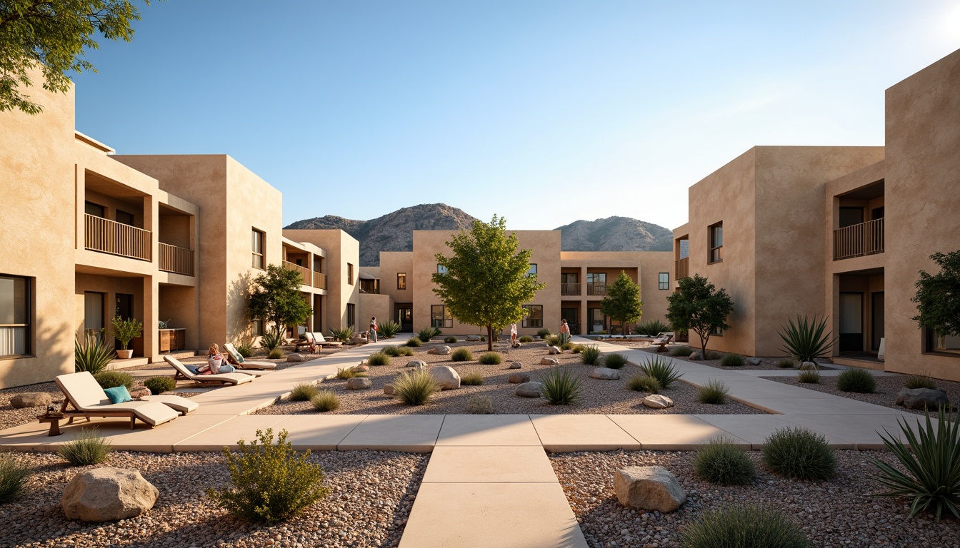 Prompt: Desert social housing community, adobe-style buildings, earthy tones, succulent plants, cactus gardens, gravel pathways, outdoor seating areas, shaded courtyards, water-efficient irrigation systems, drought-resistant vegetation, sandy dunes, clear blue skies, hot sunny days, minimalist landscape design, native desert flora, rock formations, weathered wood accents, rustic metal decorations, warm evening lighting, soft focus, 1/2 composition, natural textures, ambient occlusion.