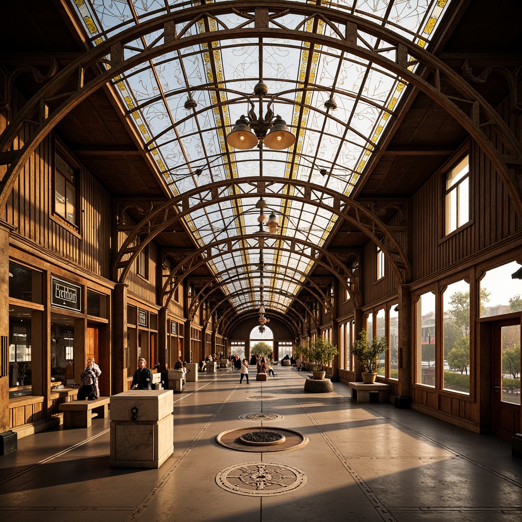 Prompt: Elegant train station, ornate metalwork, flowing organic lines, stained glass canopies, intricate ceramic tiles, natural stone walls, wooden accents, wrought iron fixtures, floral patterns, sinuous curves, warm golden lighting, rich textures, 3D sculpted details, realistic reflections, high-angle shot, shallow depth of field.