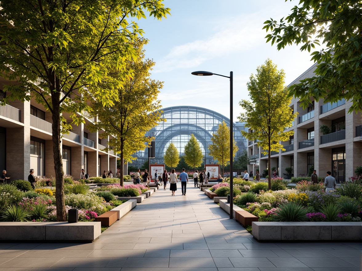 Prompt: Vibrant train station plaza, lush greenery, blooming flowers, modern street furniture, sleek metal benches, informative signage, natural stone paving, urban architecture, large glass roofs, industrial design elements, busy pedestrian traffic, warm afternoon lighting, shallow depth of field, 3/4 composition, panoramic view, realistic textures, ambient occlusion.