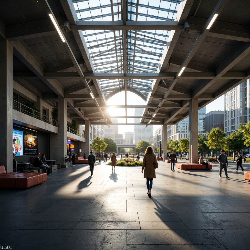 Prompt: Well-lit bus station, natural light pouring in, large skylights, clerestory windows, transparent roof, minimalist architecture, sleek metal beams, polished concrete floors, modern seating areas, real-time digital displays, urban landscape views, bustling city atmosphere, morning sunlight, soft warm glow, shallow depth of field, 3/4 composition, panoramic view, realistic textures, ambient occlusion.