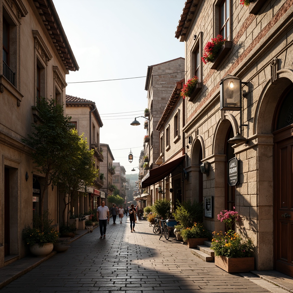 Prompt: Rustic market scene, Romanesque style facades, arched windows, ornate stone carvings, weathered brick walls, terra cotta rooftops, vibrant flower boxes, bustling street life, morning sunlight, soft warm glow, shallow depth of field, 1/2 composition, realistic textures, ambient occlusion, intricate moldings, ornamental ironwork, distressed wooden doors, classic lanterns, quaint shop signs.