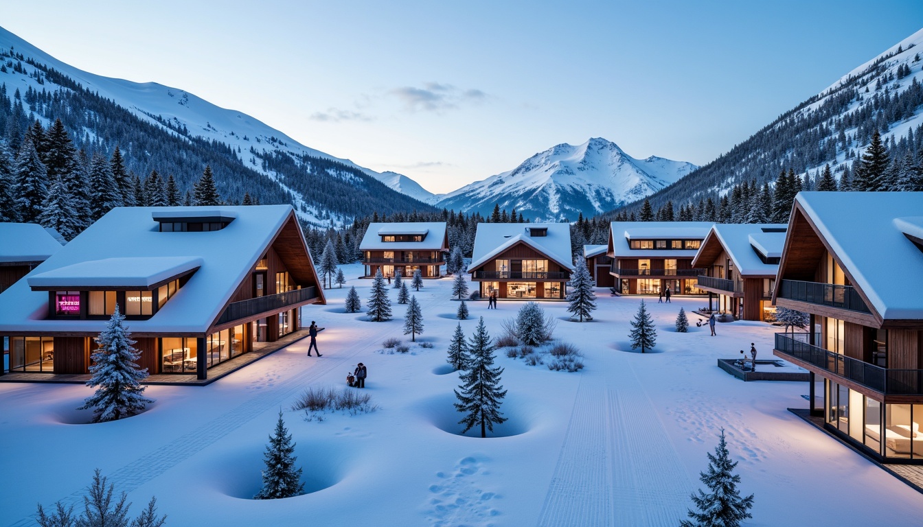 Prompt: Snow-capped mountain peaks, frosty windows, wooden ski lodge architecture, modern angular lines, metallic cladding, LED light installations, vibrant neon signs, icy blue glass facades, sleek minimalist design, snowflake-inspired patterns, frosty morning light, shallow depth of field, 1/1 composition, panoramic view, realistic textures, ambient occlusion.