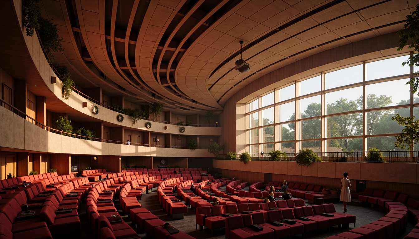 Prompt: Grand auditorium, high ceilings, sweeping curves, ornate chandeliers, plush red seats, wooden paneling, natural stone walls, large windows, soft diffused lighting, warm glow, subtle shadows, 3/4 composition, shallow depth of field, realistic textures, ambient occlusion, morning light, gentle illumination, relaxing atmosphere, elegant interior design.