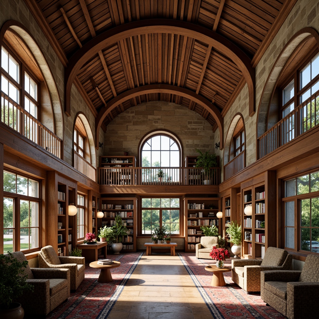 Prompt: Rustic regional library, wooden accents, earthy tones, natural stone walls, curved rooflines, grand entrance arches, ornate metalwork, vibrant cultural patterns, cozy reading nooks, comfortable seating areas, abundant natural light, warm inviting atmosphere, soft diffused lighting, 1/1 composition, shallow depth of field, realistic textures, ambient occlusion.