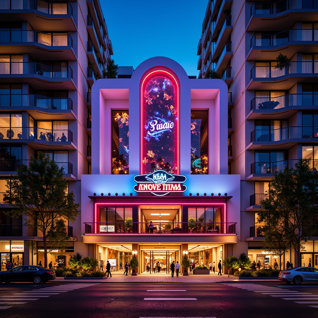 Prompt: Vibrant casino facade, neon lights, dynamic curves, LED displays, luxurious entrance, grand atrium, sleek glass balconies, modern apartment buildings, social housing complex, urban landscape, bustling streets, night scenery, warm golden lighting, shallow depth of field, 1/2 composition, low-angle shot, realistic textures, ambient occlusion.