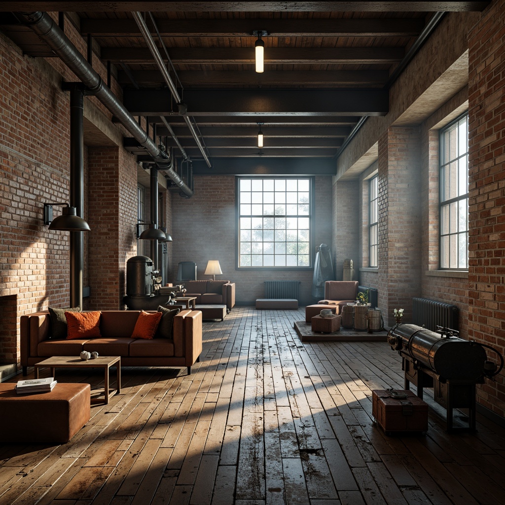 Prompt: Industrial factory setting, neoclassical architecture, exposed brick walls, steel beams, worn wooden floors, vintage machinery, rusty metal accents, earthy color palette, muted tones, warm beige, industrial grey, rich brown, deep blue, pops of vibrant orange, atmospheric lighting, soft mist, subtle gradient maps, realistic textures, ambient occlusion, 1/1 composition, shallow depth of field, cinematic camera angles.