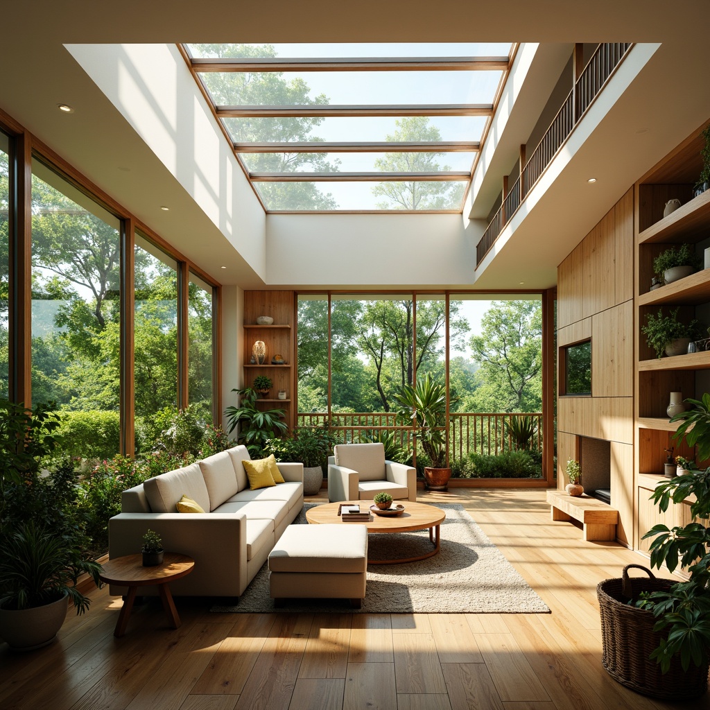 Prompt: Vibrant living room, large windows, sliding glass doors, clerestory windows, skylights, bright natural light, soft warm ambiance, comfortable seating areas, lush greenery, plants on shelves, wooden flooring, minimalist decor, eco-friendly materials, sustainable design, energy-efficient appliances, calm atmosphere, serene color palette, 1/1 composition, shallow depth of field, realistic textures, ambient occlusion.