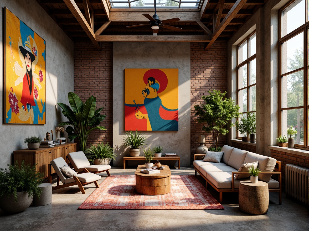 Prompt: \Vibrant artistic studio, eclectic furniture, abstract paintings, bold color blocking, contrasting textures, rich wood accents, industrial metal frames, natural stone walls, large skylights, warm atmospheric lighting, shallow depth of field, 1/1 composition, realistic renderings, ambient occlusion, soft focus effect.\