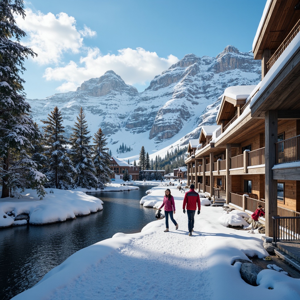 Prompt: Snow-capped mountains, frosty air, winter sports equipment, wooden ski lodges, vibrant color scheme, icy blues, snowy whites, warm earth tones, metallic accents, frozen lakes, snowflakes, pine trees, rustic wooden textures, cozy fireplaces, hot chocolate, adventurous atmosphere, dynamic composition, shallow depth of field, 1/2 perspective, dramatic lighting, realistic reflections.