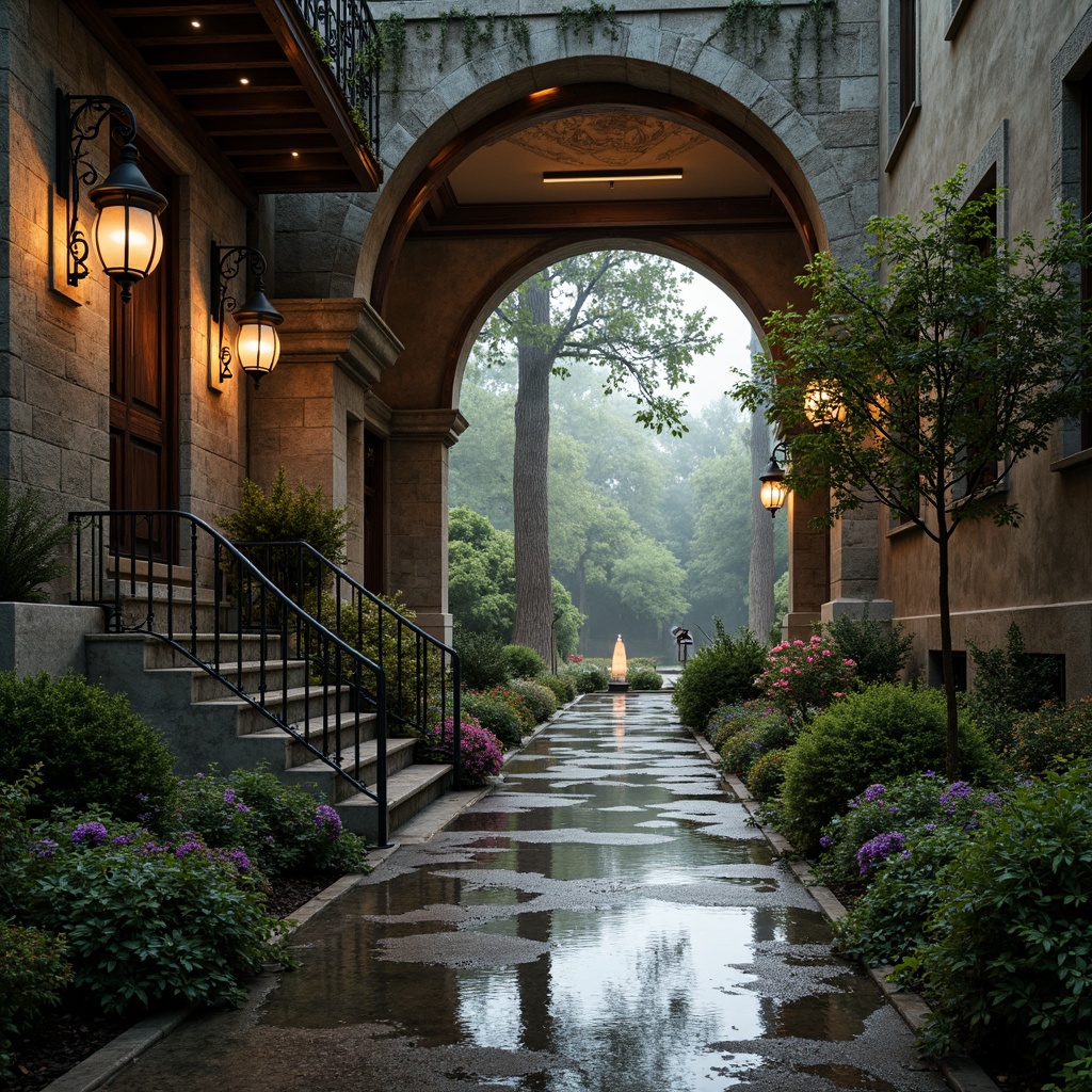 Prompt: Intricate ironwork, flowing organic curves, ornate lampposts, decorative railings, verdigris patina, majestic arches, grand entranceways, rustic stonework, moss-covered surfaces, serene water reflections, misty atmospheric effects, soft warm lighting, shallow depth of field, 3/4 composition, realistic textures, ambient occlusion.