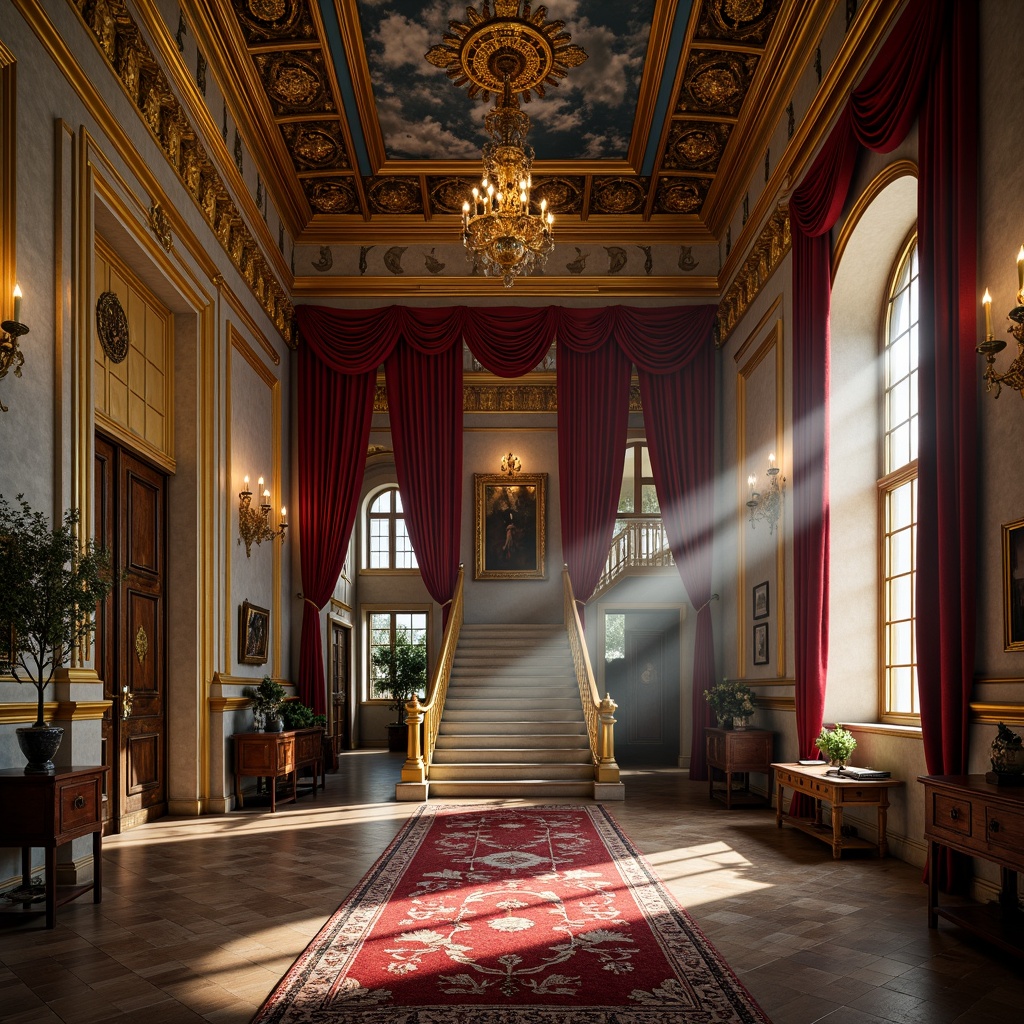 Prompt: Luxurious Renaissance-era palace, ornate golden accents, rich velvet fabrics, intricate stone carvings, warm candlelight, soft whispers of silk, majestic high ceilings, grand staircases, opulent chandeliers, lavish furnishings, regal reds, imperial blues, gilded yellows, creamy whites, mysterious umbers, dramatic shadows, 1/2 composition, atmospheric perspective, realistic textures, subtle grain.