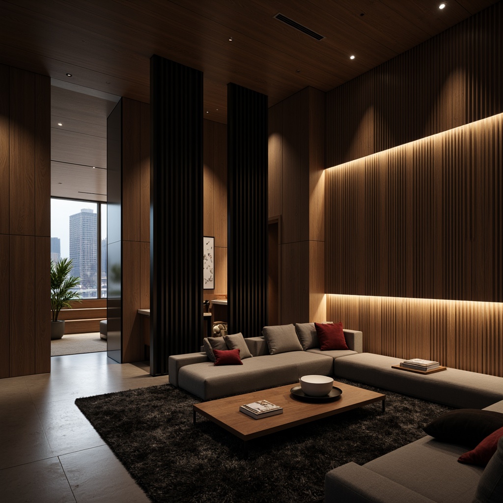 Prompt: Luxurious interior space, high-end material finishes, rich wood tones, polished metal accents, velvety soft upholstery, matte black surfaces, ambient warm lighting, subtle texture variations, sophisticated color palette, modern minimalist aesthetic, sleek lines, geometric patterns, 3/4 composition, realistic reflections, shallow depth of field.