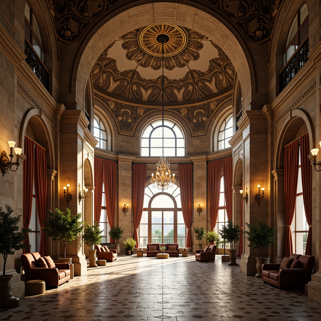 Prompt: Ornate palace, grand entrance, intricate stone carvings, majestic domes, ornamental turrets, lavish chandeliers, patterned marble floors, gilded accents, luxurious furnishings, velvet drapes, golden lighting fixtures, soft warm glow, shallow depth of field, 3/4 composition, panoramic view, realistic textures, ambient occlusion.