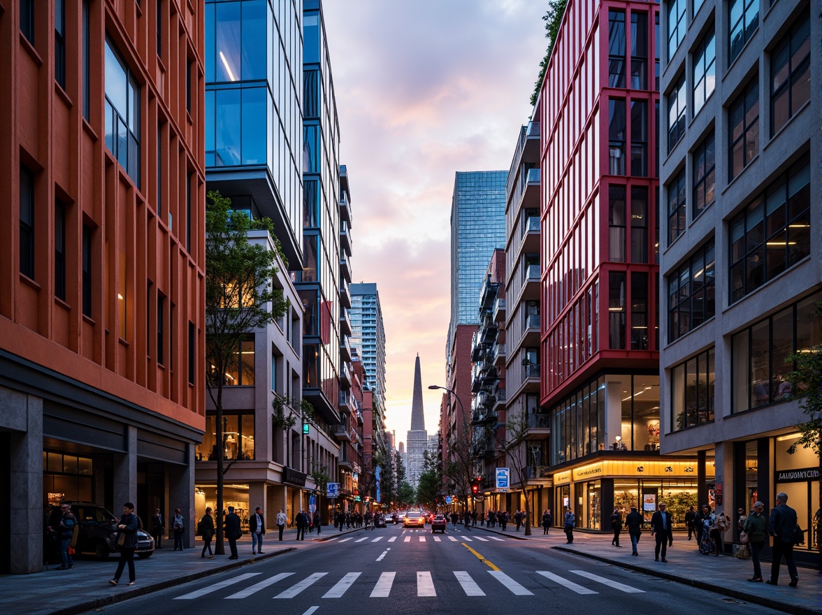 Prompt: Vibrant urban streetscape, bold color blocking, contrasting hues, harmonious palettes, eclectic architectural styles, modern cityscape, sleek skyscrapers, glass facades, steel structures, neon lighting, dramatic shadows, warm golden hour, high contrast ratio, 2.5D composition, atmospheric perspective, realistic reflections, ambient Occlusion.