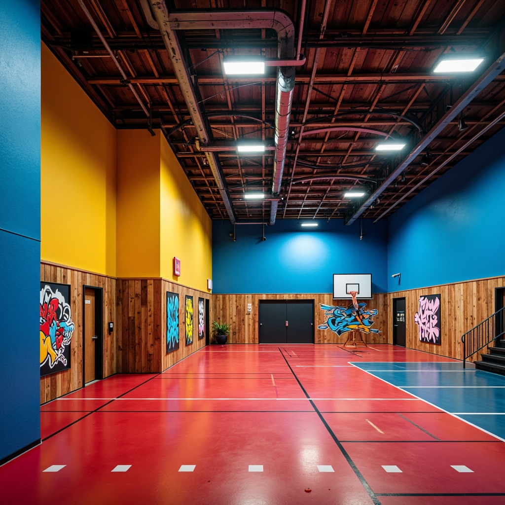 Prompt: Vibrant gymnasium interior, eclectic architectural style, bold color blocking, bright blue walls, warm yellow accents, deep red floors, industrial metal beams, exposed ductwork, reclaimed wood panels, modern LED lighting, abstract graffiti murals, urban street art inspiration, dynamic shadows, high-contrast textures, shallow depth of field, 1/2 composition, dramatic spotlighting, realistic ambient occlusion.