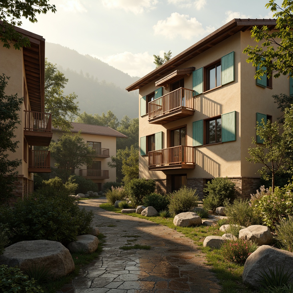 Prompt: Earthy vernacular buildings, rustic wooden accents, warm beige stucco, soft turquoise shutters, distressed metal roofs, natural stone foundations, lush greenery surroundings, misty morning atmosphere, warm golden lighting, shallow depth of field, 1/1 composition, realistic textures, ambient occlusion.