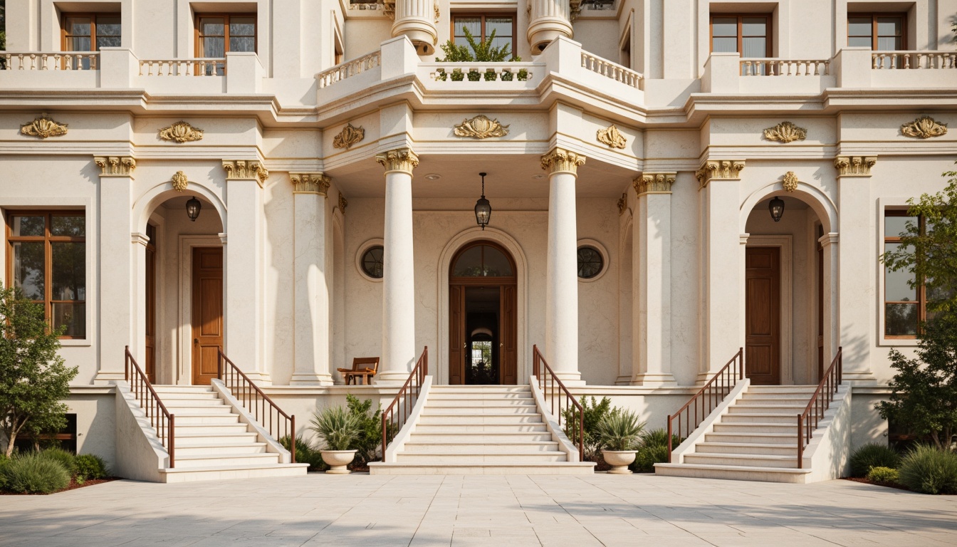 Prompt: Majestic neoclassical facade, creamy white marble columns, ornate golden details, soft beige stonework, muted earthy tones, subtle warm lighting, classical proportions, symmetrical composition, grand entranceways, sweeping staircases, intricate moldings, decorative pilasters, subtle texture variation, realistic material representation, shallow depth of field, 1/1 composition, panoramic view.