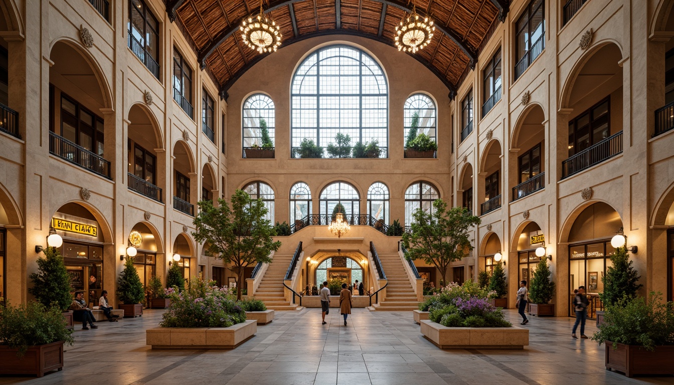 Prompt: Grand Renaissance-style train station facade, ornate stone carvings, symmetrical archways, majestic clock tower, intricate ironwork details, vaulted ceilings, grand staircase, elegant chandeliers, warm beige limestone walls, rustic terracotta roof tiles, lush greenery, vibrant flower arrangements, bustling cityscape background, soft warm lighting, shallow depth of field, 1/2 composition, panoramic view, realistic textures, ambient occlusion.