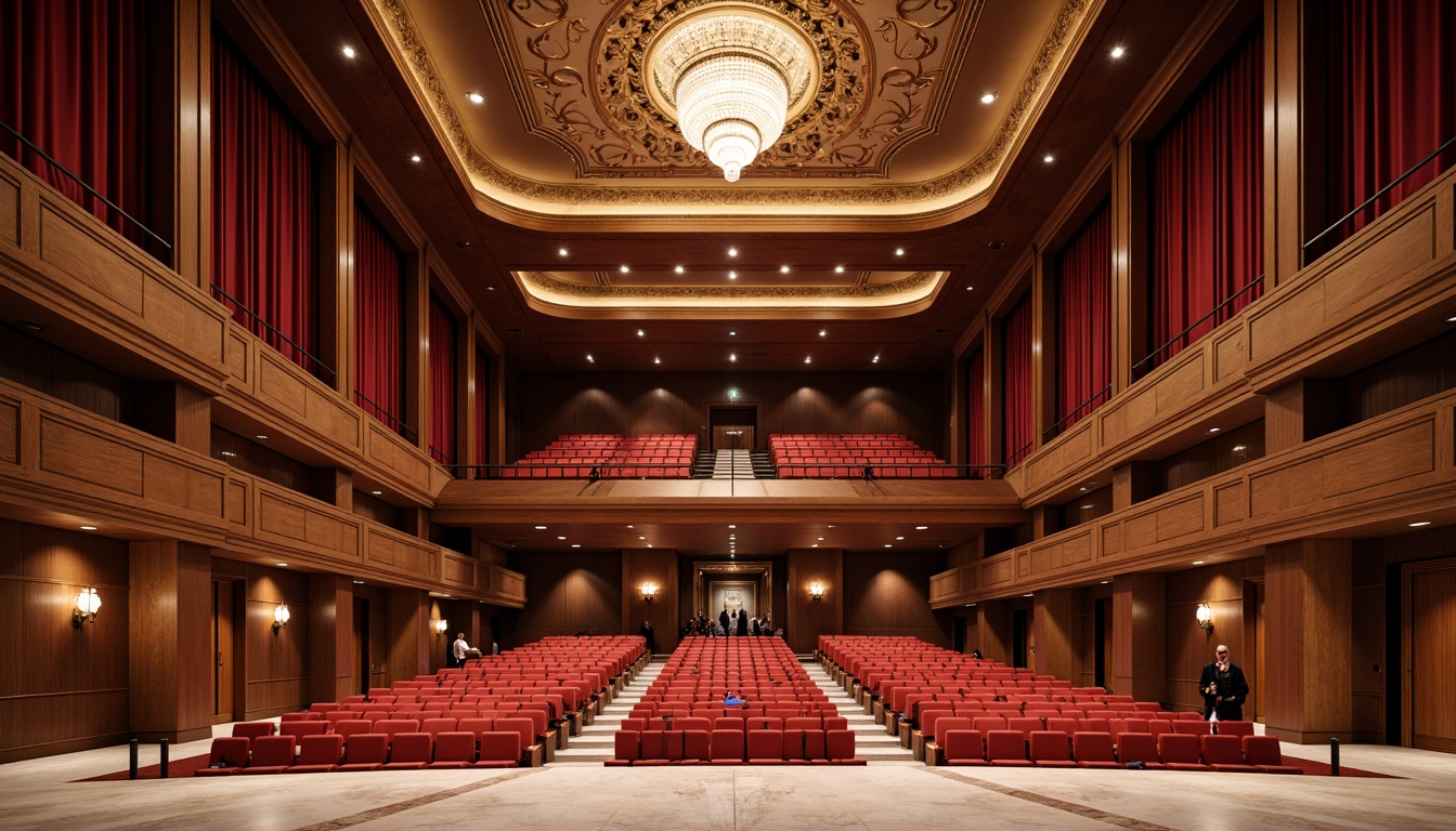 Prompt: Luxurious auditorium interior, rich wood grain textures, velvety red carpeting, soft padded seating, polished metal handrails, ornate plaster ceiling, dramatic spotlights, grandiose chandeliers, acoustic paneling, sound-absorbing fabrics, elegant marble flooring, warm ambient lighting, shallow depth of field, 2/3 composition, symmetrical architecture, opulent decorative elements, realistic reflections, subtle noise reduction.