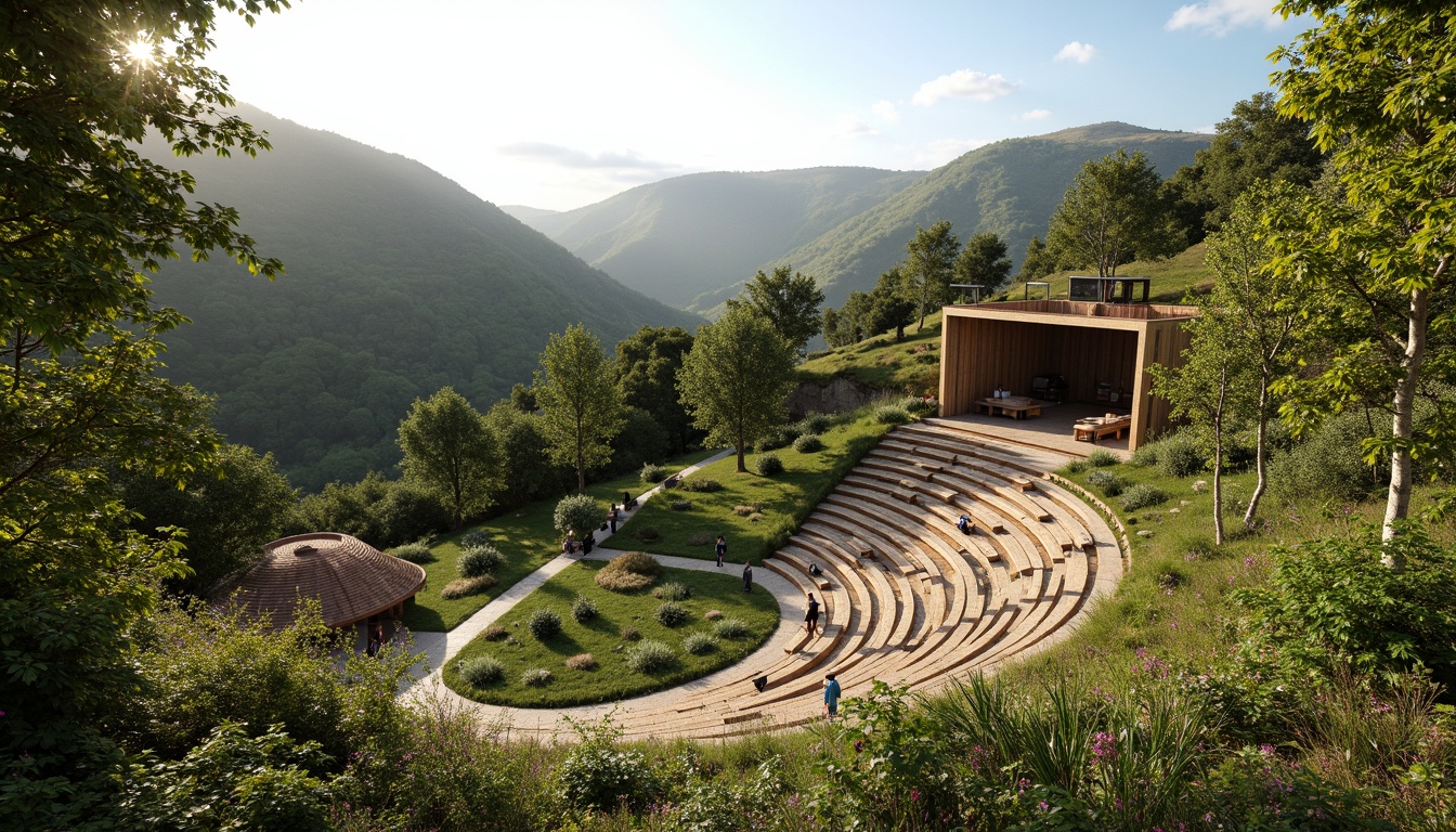 Prompt: Natural amphitheater setting, lush green hills, wooden benches, reclaimed wood structures, living roofs, rainwater harvesting systems, solar-powered stage lighting, recycled plastic seating, bamboo flooring, eco-friendly concrete mixtures, organic landscaping, native plant species, serene atmosphere, warm sunlight, soft natural light, shallow depth of field, 3/4 composition, panoramic view, realistic textures, ambient occlusion.