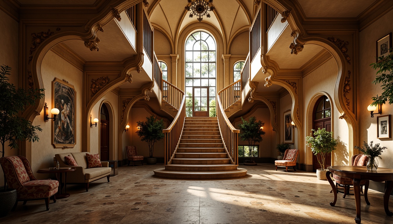 Prompt: Organic curvilinear forms, sinuous lines, flowing ornate details, botanical-inspired motifs, luxurious materials, opulent textures, grand staircases, dramatic archways, stained glass windows, intricate ironwork, ornate door handles, lavish furnishings, warm golden lighting, soft romantic ambiance, shallow depth of field, 2/3 composition, panoramic view, realistic renderings, ambient occlusion.