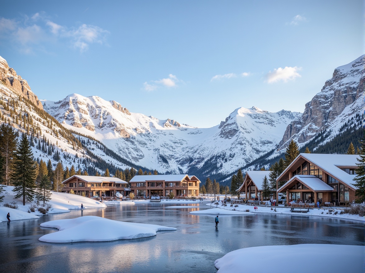 Prompt: Snow-capped mountains, icy slopes, frozen lakes, winter sports equipment, ski lifts, rustic wooden chalets, modern ski center architecture, angular facade design, metallic cladding, glass balconies, cantilevered roofs, snowflake-inspired patterns, frosty mist, cold blue tones, warm golden lighting, shallow depth of field, 1/2 composition, realistic textures, ambient occlusion.