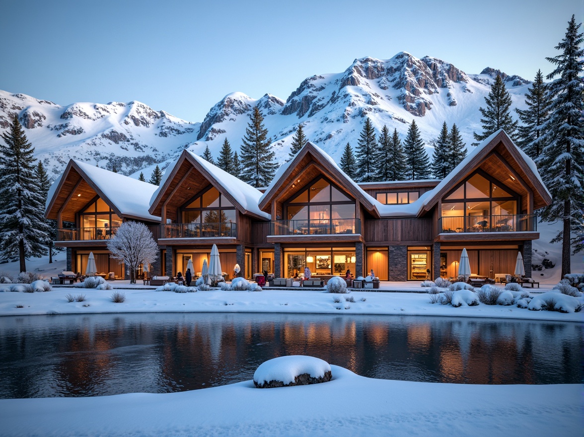 Prompt: Snow-capped mountain peaks, frosty pine trees, icy lakeside, modern ski center architecture, angular wooden beams, exposed steel frames, cantilevered roofs, expansive glass facades, warm cozy interiors, crackling fireplaces, rustic stone walls, wooden accents, vibrant colorful decor, dynamic lighting effects, shallow depth of field, 1/2 composition, panoramic view, realistic textures, ambient occlusion.