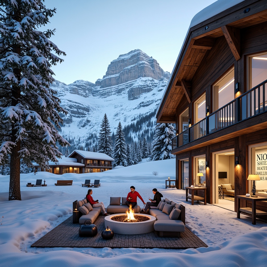 Prompt: Snow-capped mountains, icy ski trails, wooden cabin-inspired architecture, earthy tones, rich wood accents, rustic metal fixtures, warm fire pit, cozy lounge areas, vibrant ski equipment, bold typography, winter sports-inspired patterns, frosty glass surfaces, snowflake-like textures, cold blue undertones, warm beige highlights, dramatic lighting effects, high-contrast composition, cinematic atmosphere.