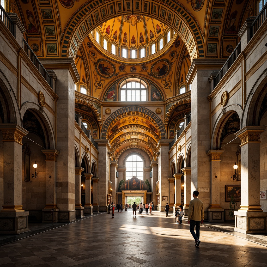 Prompt: Majestic Byzantine church, ornate golden domes, intricate stone carvings, grand archways, vibrant mosaic patterns, richly textured stonework, ornamental columns, imposing entrance gates, dramatic vaulted ceilings, lavish frescoes, warm golden lighting, shallow depth of field, 1/2 composition, symmetrical framing, realistic textures, ambient occlusion.