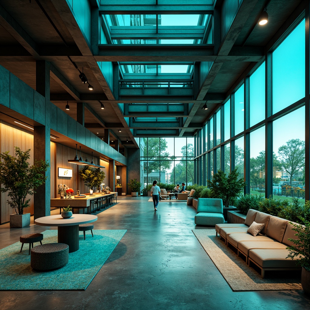 Prompt: Vibrant teal accents, ocean-inspired hues, calming ambiance, modern architectural design, sleek glass facades, reflective metal surfaces, minimalist decor, open floor plans, natural stone flooring, reclaimed wood textures, industrial chic aesthetics, urban loft atmosphere, warm golden lighting, shallow depth of field, 1/2 composition, realistic renderings, ambient occlusion.