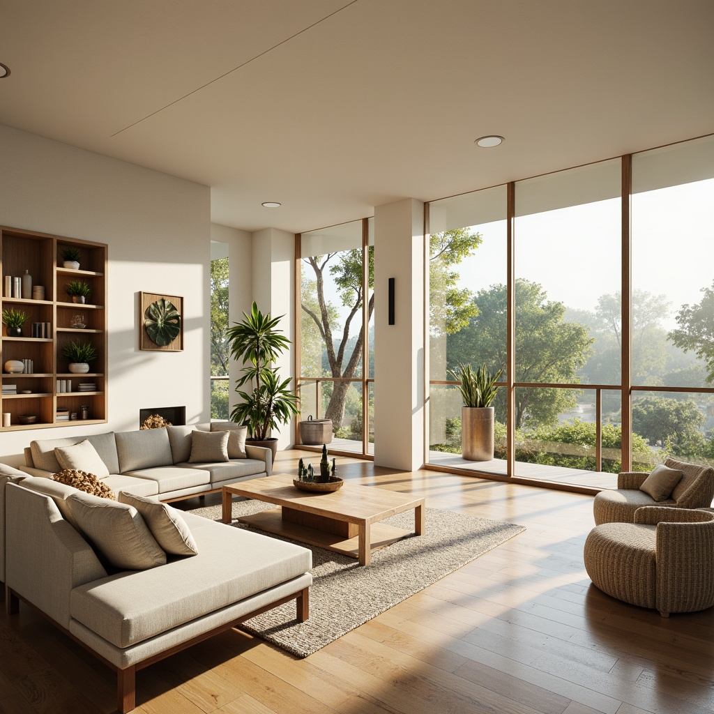 Prompt: Bright airy living room, floor-to-ceiling windows, sliding glass doors, minimalist interior design, creamy white walls, polished wooden floors, natural stone accents, greenery views, lush plants, morning sunlight, warm afternoon glow, soft diffused lighting, 1/1 composition, shallow depth of field, realistic textures, ambient occlusion, comfortable seating areas, cozy reading nooks, functional shelving units, modern minimalist decor.