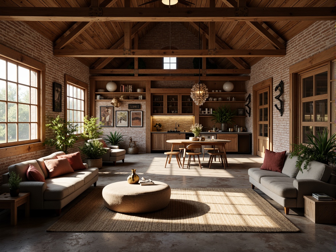 Prompt: Rustic barn interior, reclaimed wood accents, vintage farm tools, earthy color palette, natural stone flooring, wooden beams, industrial metal lighting, cozy reading nooks, plush sectional sofas, farmhouse-style kitchen, exposed brick walls, distressed finishes, warm ambient lighting, shallow depth of field, 1/2 composition, realistic textures, ambient occlusion.