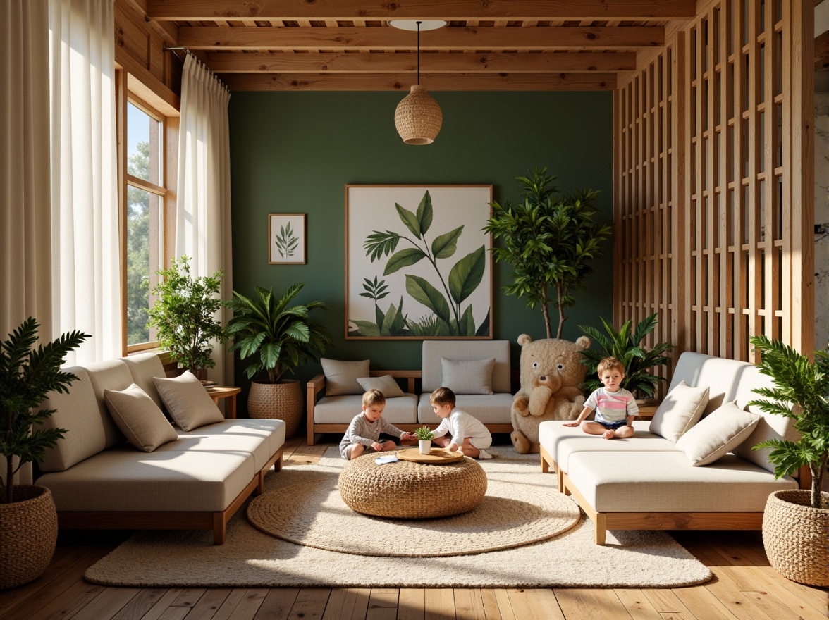 Prompt: Cozy kindergarten, natural wood accents, reclaimed wood floors, earthy color palette, organic shapes, wavy lines, soft cushions, plush carpets, woven baskets, rattan furniture, green walls, living plants, botanical prints, warm lighting, soft shadows, shallow depth of field, 1/1 composition, intimate atmosphere, textured materials, ambient occlusion.