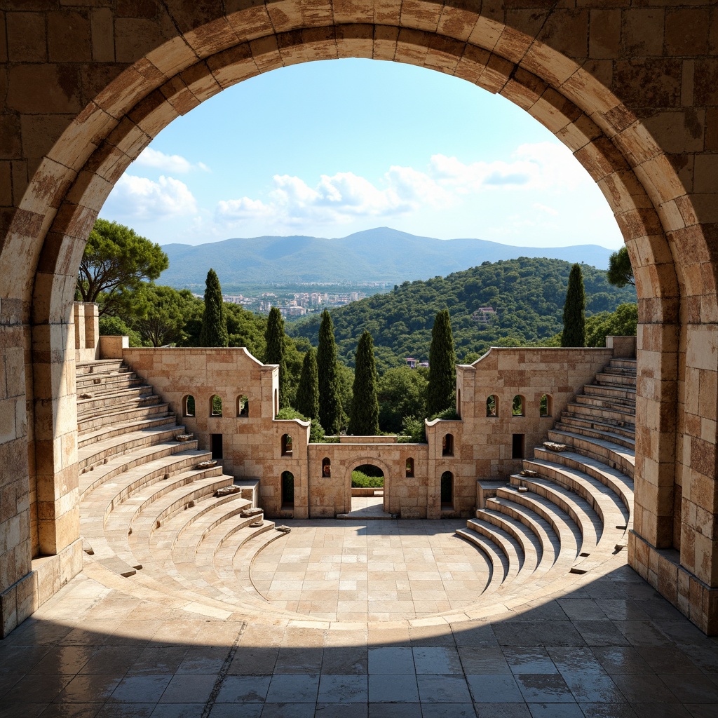 Prompt: Ancient Greek amphitheater, tiered seating, natural stone structures, open-air design, Mediterranean landscape, blue skies, warm sunlight, gentle breezes, natural ventilation systems, arches, columns, ornate carvings, rustic textures, earthy tones, lush greenery, olive trees, scenic views, panoramic vistas, shallow depth of field, 1/2 composition, soft warm lighting, realistic shaders.