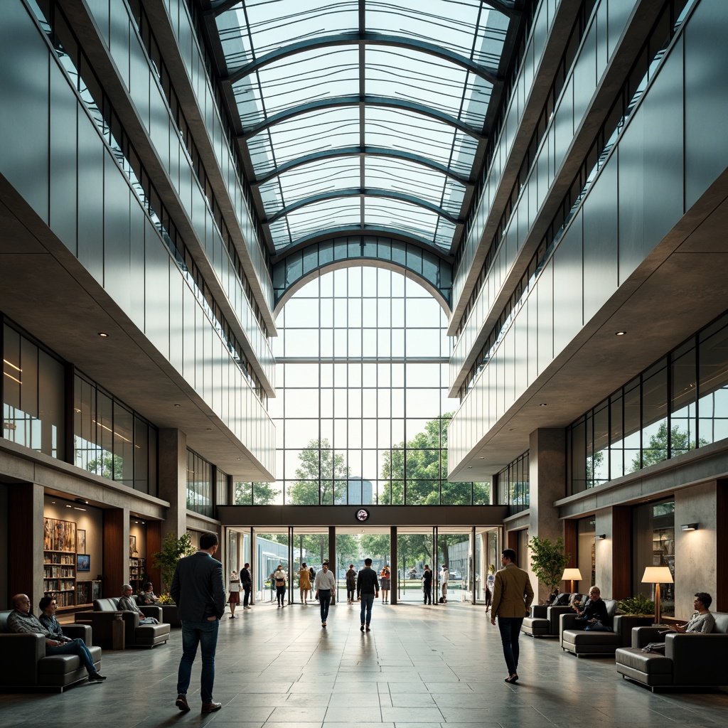 Prompt: Grand entrance hall, high ceilings, large glass roofs, natural light pouring in, sleek modern architecture, metallic accents, minimalist design, automatic sliding doors, ticketing machines, information boards, comfortable seating areas, polished marble floors, bright color scheme, bustling atmosphere, morning rush hour, soft warm lighting, shallow depth of field, 1/2 composition, realistic textures, ambient occlusion.Let me know if this meets your requirements!