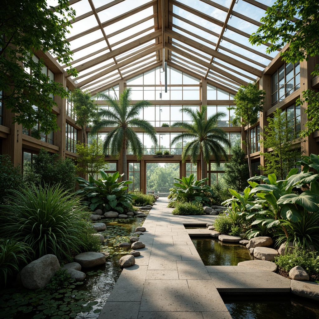 Prompt: Serene greenhouse interior, lush tropical plants, natural stone flooring, wooden trellises, trickling water features, small ponds, aquatic life, misting systems, humid atmosphere, soft diffused lighting, shallow depth of field, 3/4 composition, panoramic view, realistic textures, ambient occlusion, sustainable energy solutions, solar panels, green roofs, eco-friendly materials, innovative climate control systems, organic garden beds, hydroponic systems, irrigation networks, water conservation strategies.