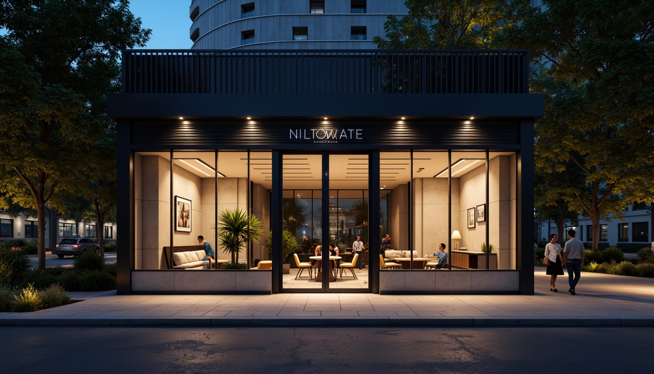 Prompt: Minimalist bar facade, sleek metal frames, floor-to-ceiling glass windows, subtle LED lighting, neutral color palette, industrial concrete walls, polished steel accents, geometric patterns, modern typography, urban cityscape, nighttime atmosphere, shallow depth of field, 1/1 composition, realistic reflections, ambient occlusion.